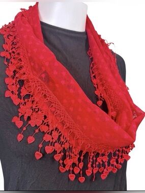Lace Infinity Scarf Red Heart Tassels Fringe Wrap